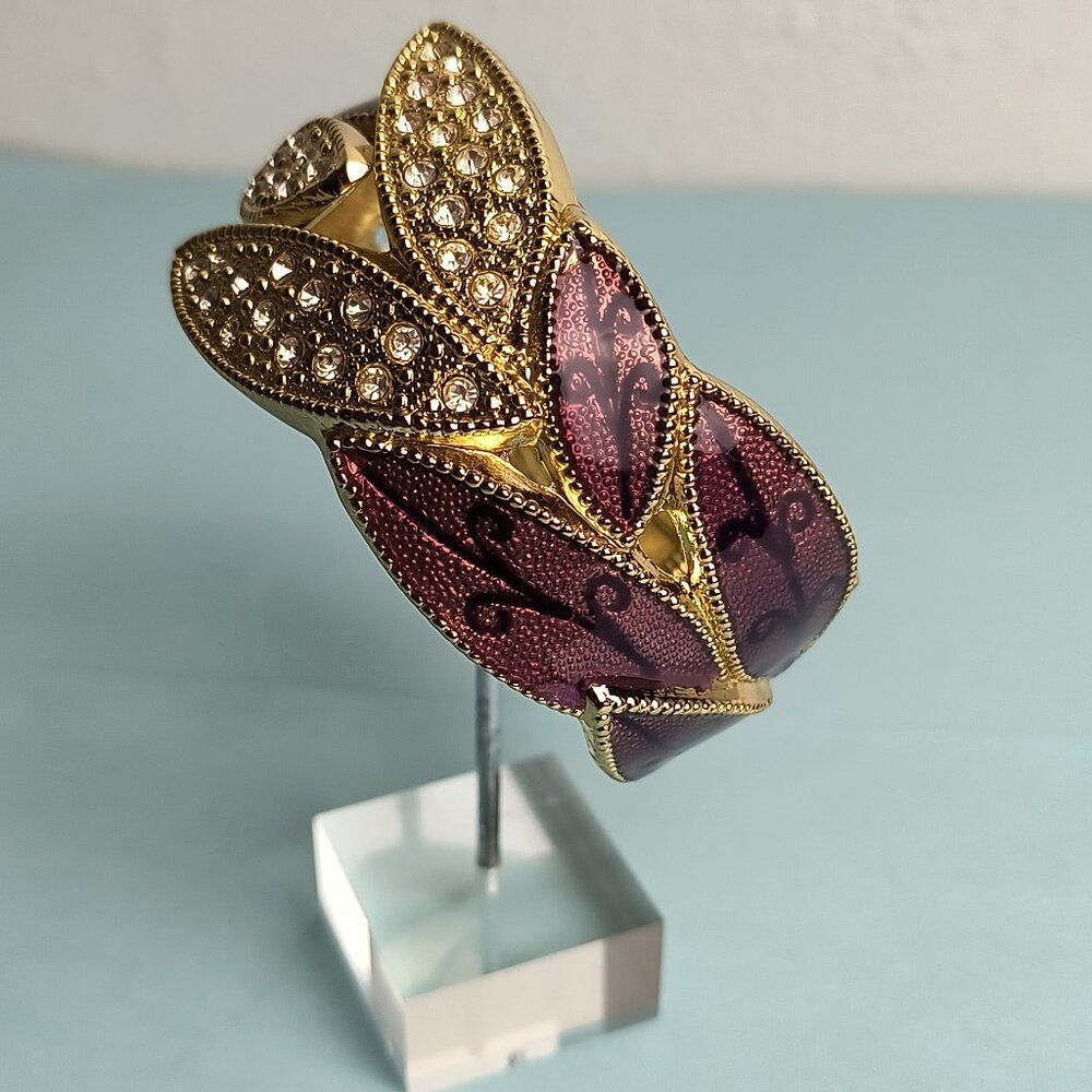 Exquisite Statement Enamel Leaf Shape Open Hinged Cuff Bangle Bracelet